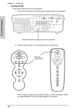 Page 21Chapter 2 –  Connections
 12
C
ONNECTIONS
Turning On/Off
Follow these instructions to turn on projector.
1. Press the power switch on the rear panel to supply power to the projector.
2. Press the Power button on the control panel or remote control.
The fan starts running and the projector warms up. After the projector warms
up, (approximately 30 sec.) the image appears on the screen.
Press this switch to supply power to the projector.
Press the
power button. 