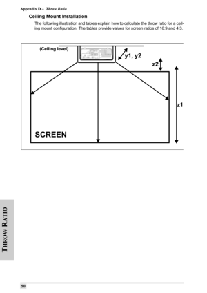 Page 59Appendix D –  Throw Ratio
 50
T
HROW
 R
ATIO
Ceiling Mount Installation
The following illustration and tables explain how to calculate the throw ratio for a ceil-
ing mount configuration. The tables provide values for screen ratios of 16:9 and 4:3.
SCREEN
z1 z2
(Ceiling level)
y1, y2 
