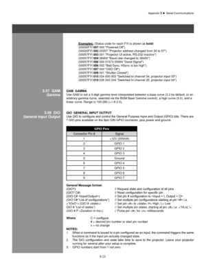 Page 122B-23
 examples: (Status code for each FYI is shown as bold) 
  (00030FYI 001 000 "Powered Off")
  (00030FYI 002 00057 "Projector address changed from 30 to 57")
  (00057FYI 003 001 "Projector UI active, RS-232 Inactive")
  (00057FYI 004 38400 "Baud rate changed to 38400")
   (00057FYI 006 000 01573 05994 "Good Signal")
  (00057FYI 006 002 "Bad Sync: HSync is too high")
  (00057FYI 007 000 "OSD Off")
   (00057FYI 009 001 "Shutter Closed")...