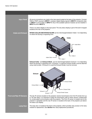 Page 253-2
All source connections are made to the input panel located at the back of the projector. Connect 
RGB or YPbPr sources to InPUT 1, analog or digital display signals to  InPUT 2, composite video 
to  InPUT 3, and S-Video to  InPUT 4. Any of the available optional modules can be installed in 
InPUT 5 and/or InPUT 6.
There is no status display on the input panel. The only status display is part of the built-in keypad 
located at the rear of the projector.
InT aKe CollaR anD InT aKe blanK can be...