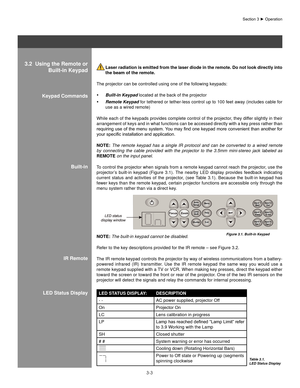 Page 263-3
 laser radiation is emitted from the laser diode in the remote. Do not look directly into the beam of the remote.
The projector can be controlled using one of the following keypads: Built-in Keypad 
•  located at the back of the projector
Remote Keypad
•   for tethered or tether-less control up to 100 feet away (includes cable for 
use as a wired remote)
While each of the keypads provides complete control of the projector, they differ slightly in their 
arrangement of keys and in what functions can...