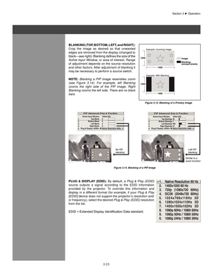 Page 463-23
blanKIng (ToP, boTT oM, lefT, and RIghT): 
Crop  the  image  as  desired  so  that  unwanted 
edges are removed from the display (changed to 
black—see	 right).	Blanking	 defines	the	size	 of	the	
Active Input Window, or area of interest. Range 
of adjustment depends on the source resolution 
and other factors. After adjustment of blanking it 
may be necessary to perform a source switch. 
noTe:  Blanking  a  PIP  image  resembles  zoom 
(see  Figure  3.14).  For  example,  left  Blanking 
zooms  the...