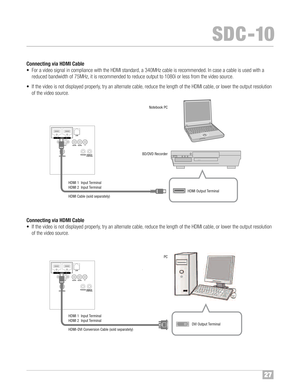 Page 282\b
SDC �10
1HDMI 2
RS232C C
R/PRCB/PBY
3D
S YN CH ROPC TRIGGER REM OTE
CO NTRO L LAN
1 HDM I 2
RS23 2C C
R/PRCB/PBY
3D
SY NC HROPC TRIGGER REMO TE
CON TRO L LAN
Conne cting via HDMI Cable
•Fora video signal incomplian cewith theHDMI standard, a34 0MHz cableisrecom mended™f Incase acable isus ed with a
reduced bandwid thof75 MHz, itis recomm ended toreduce output to108 0ior less from thevideo source™f
• Ifthe video isnot displaye dprope rly, try an alte rnate cable, reduce the length ofthe HDM Ica...