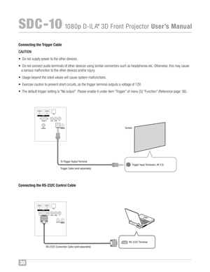 Page 3130
SDC �10108 0p D�ILA®3D FrontProjector UserÕsManual
1 HDMI 2
RS232C C
R/PRCB/PBY
3D
S YN CH ROPC TRIGGER REM OTE
CO NTRO L LAN
1H DM I 2
RS232C C
R/PRCB/PBY
3D
S YN CH ROPC TRIGGER REM OT E
CONTRO L LAN
Screen
Trigger InputTerminals (Φ 3\f5\b
Trigger Cable(soldseparately\b ToTrigger OutputTerminal
Connec ting the RS232 CCo ntro lC able
RS�232C Terminal
Connecting the Trigger Cable
CAU TION
• Do not supply powertothe other device s™f
• Do not connect audiotermina lsof other device susing...