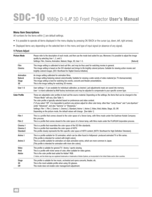 Page 4746
SDC �10108 0p D�ILA®3D FrontProjector UserÕsManual
Ple as eref ertothe des cription ofeach mode, andthe nus eth emo debest suit ed foryou \fMoreover, itis poss ible to adj ust th e imag e
quality by selectin gUser 1,2,and 3\f
Settin gs :Fi lm, Cinema, Animation, Natu ral, Stage ,3D, User 1�5 \f [Natural]
Thisimag esettin gis calibrated tobest suitfilm, an d ma ybe thus used forw at chi ng mo viesin genera l\f
Th isimag esettin gis based onthe DCI sta nd ard and bri ngs to life brightly co lo...