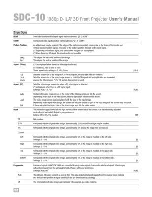 Page 5352
SDC �10108 0p D�ILA®3D FrontProjector UserÕsManual
Hor iz\f
V ert \f
4:3
16:9
Zoom
Au to
J u st
Fu llSel ectthe availab leHDMI inputsignal via thesubme nu“[2�1] HDM I”\f
Co mp onent vid eo input se lection viathesub menu “[2 �2] COM P\f”\f
Anadjustmen tm ay be enabled ifthe edges ofthepict ure arepart ia lly mis sin g du eto thetimin gof horizont alan d
vertic alsynch ron iza tion signals\f Thevalueof the picture posit io n de pend son th e input signal\f
(* \bD epe ndin g on theinput...