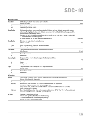 Page 585\b
SDC �10
Blue
Bl ac k
15 sec
On
5se c
Off
On
Off
On
Off
Off
On (Po wer\b
On (Ana mo\bSetsthe backg rou nd color when noinputsignal isdete ct ed\f
Set tin gs :B lu e, Black [Blue]
Set sthe backg rou nd color toblue\f
Set sthe backg rou nd color toblack\f
Set sthe pos ition oftheon� screen menu\fBy pres sing the [OK]bu tton, anima ge ill ust ration ap pea rsat the positi on
of the men u\fT he hig hlighted position intheillustra tio n ca nbe mo vedvia th e lef tand right keys\f Ifone pres ses[OK],...