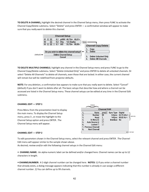 Page 4242   TO DELETE A CHANNEL, highlight the desired channel in the Channel Setup menu, then press FUNC to activate the Channel Copy/Delete submenu. Select “Delete” and press ENTER — a confirmation window will appear to make sure that you really want to delete this channel.        TO DELETE MULTIPLE CHANNELS, highlight any channel in the Channel Setup menu and press FUNC to go to the Channel Copy/Delete submenu. Select “Delete Unlocked Only” and press ENTER to delete all unlocked channels. Or select “Delete...