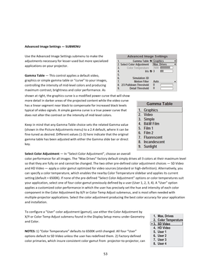 Page 5353      Advanced Image Settings — SUBMENU  Use the Advanced Image Settings submenu to make the adjustments necessary for lesser‐used but more specialized applications on your projector.  Gamma Table — This control applies a default video, graphics or simple gamma table or “curve” to your images, controlling the intensity of mid‐level colors and producing maximum contrast, brightness and color performance. As shown at right, the graphics curve is a modified power curve that will show more detail in darker...