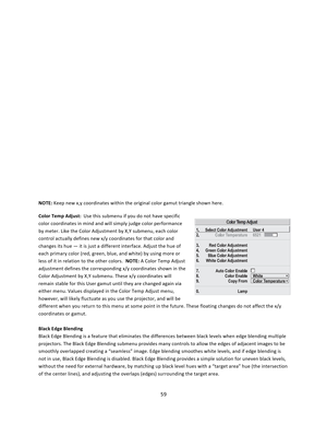 Page 5959                 NOTE: Keep new x,y coordinates within the original color gamut triangle shown here. Color Temp Adjust:  Use this submenu if you do not have specific color coordinates in mind and will simply judge color performance by meter. Like the Color Adjustment by X,Y submenu, each color control actually defines new x/y coordinates for that color and changes its hue — it is just a different interface. Adjust the hue of each primary color (red, green, blue, and white) by using more or less of it...