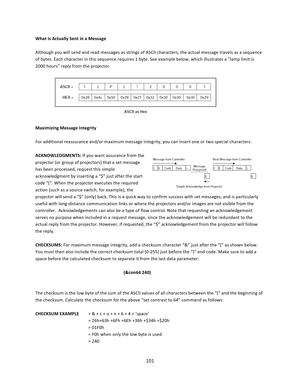 Page 101101  What is Actually Sent in a Message  Although you will send and read messages as strings of ASCII characters, the actual message travels as a sequence of bytes. Each character in this sequence requires 1 byte. See example below, which illustrates a “lamp limit is 2000 hours” reply from the projector.         Maximizing Message Integrity  For additional reassurance and/or maximum message integrity, you can insert one or two special characters:  ACKNOWLEDGMENTS: If you want assurance from the projector...