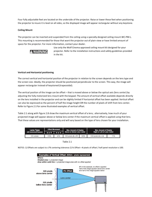 Page 1919  Four fully adjustable feet are located on the underside of the projector. Raise or lower these feet when positioning the projector to insure it is level on all sides, so the displayed image will appear rectangular without any keystone.  Ceiling Mount   The projector can be inverted and suspended from the ceiling using a specially designed ceiling mount WC‐PM‐L. This mounting is recommended for those that want the projector out of plain view or have limited amount of space for the projector. For more...