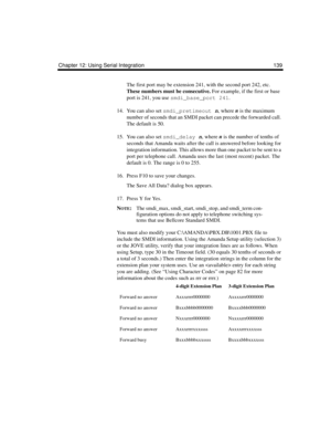 Page 151Chapter 12: Using Serial Integration 139
The first port may be extension 241, with the second port 242, etc. 
These numbers must be consecutive. For example, if the first or base 
port is 241, you use smdi_base_port 241.
14. You can also set smdi_pretimeout
 n, where n is the maximum 
number of seconds that an SMDI packet can precede the forwarded call. 
The default is 50.
15. You can also set smdi_delay
 n, where n is the number of tenths of 
seconds that Amanda waits after the call is answered before...