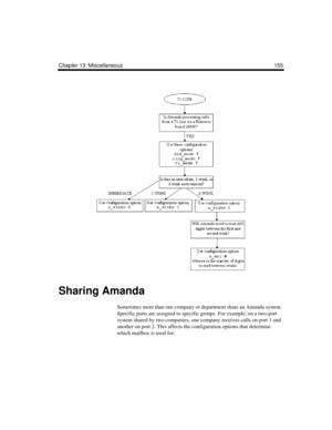 Page 167Chapter 13: Miscellaneous 155
Sharing Amanda
Sometimes more than one company or department share an Amanda system. 
Specific ports are assigned to specific groups. For example, on a two-port 
system shared by two companies, one company receives calls on port 1 and 
another on port 2. This affects the configuration options that determine 
which mailbox is used for: 