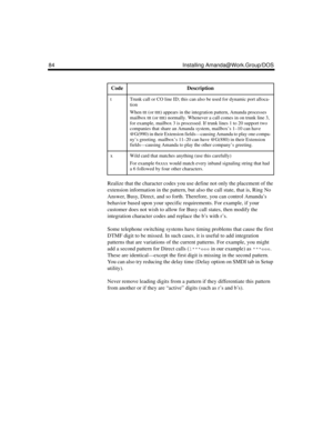 Page 9684 Installing Amanda@Work.Group/DOS
Realize that the character codes you use define not only the placement of the 
extension information in the pattern, but also the call state, that is, Ring No 
Answer, Busy, Direct, and so forth. Therefore, you can control Amanda’s 
behavior based upon your specific requirements. For example, if your 
customer does not wish to allow for Busy call states, then modify the 
integration character codes and replace the b’s with r’s.
Some telephone switching systems have...