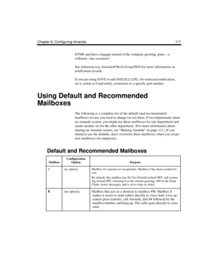 Page 127Chapter 8: Configuring Amanda 117
DTMF and then a hangup instead of the company greeting, glare—a 
collision—has occurred.)
See Administering Amanda@Work.Group/DOS for more information on 
notification records.
If you are using JOVE to edit INSTALL.CFG, for restricted notification, 
set n_ochan to 0 and notify_restriction to a specific port number.
Using Default and Recommended 
Mailboxes
The following is a complete list of the default (and recommended) 
mailboxes in case you need to change (or set)...