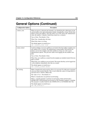 Page 275Chapter 14: Configuration Reference 165
connect_toneWhen an answer is detected and Amanda is not identifying the called party for the 
current mailbox, this option determines whether Amanda plays a beep. (On the Stan-
dalone system, the mailbox’s ID Call? field is set to NO, and on the Administrator 
client, the mailbox’s Identify Called Party check box is cleared.)
True or False. The default is True.
When True, Amanda plays the beep.
When False, there is no beep.
The default appears in install.cfg as:...