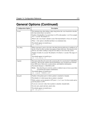 Page 281Chapter 14: Configuration Reference 171
lcwaitThe minimum time after dialing a digit string before the voice board driver decides 
the loop current drop is an answer.
Number of hundredths of seconds (from 1 to 255) or the number -1 or 0. For example 
10 is .1 second. The default is 0.
When 0, the voice board’s default is used. The board default is 10 ms (.01 second).
When -1, this option is disabled and there is no minimum time.
The default appears in install.cfg as:
set lcwait 0
list_delayWhen a message...