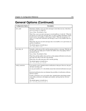 Page 285Chapter 14: Configuration Reference 175
new_sendDetermines whether a user can send a message to more than one user, when those 
users are not part of a single list.
True or False. The default is True.
When True, a user can send a message to several mailboxes “on the fly.” When the 
user presses 4 to send a new message, then 1 to select a mailbox destination, Aman-
da asks for the “next mailbox or the # sign to finish.” When the user presses 3 to 
send, or 5 to send with verification, the message is sent...