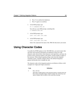 Page 93Chapter 7: Defining Integration Patterns 83
d. Press Y (to confirm the shutdown).
e. Press Y again (to reconfirm).
2. At the DOS prompt, type:
CD C:\AMANDA\PBX.DB
You will see a new DOS prompt, something like:
C:\AMANDA\PBX.DB>
3. At the DOS prompt, type:
COPY 1001.PBX 1001.BAK
4. At the DOS prompt, type:
COPY 10xx.PBX 1001.PBX
where 10xx represents the name of the .PBX file that meets your needs.
Using Character Codes
To modify the DTMF patterns in the 1001.PBX file, you need to know that 
call states...