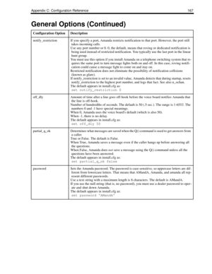 Page 175Appendix C: Configuration Reference 167
notify_restrictionIf you specify a port, Amanda restricts notification to that port. However, the port still 
takes incoming calls. 
Use any port number or 0. 0, the default, means that roving or dedicated notification is 
being used instead of restricted notification. You typically use the last port in the linear 
hunt group.
You must use this option if you install Amanda on a telephone switching system that re-
quires the same port to turn message lights both on...