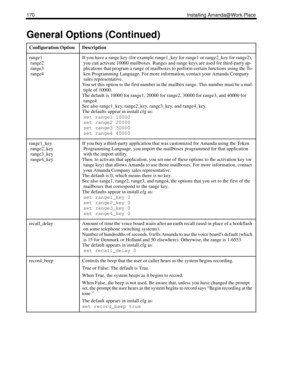 Page 178170 Installing Amanda@Work.Place
range1
range2
range3
range4If you have a range key (for example range1_key for range1 or range2_key for range2), 
you can activate 10000 mailboxes. Ranges and range keys are used for third-party ap-
plications that program a range of mailboxes to perform certain functions using the To-
ken Programming Language. For more information, contact your Amanda Company 
sales representative.
You set this option to the first number in the mailbox range. This number must be a mul-...