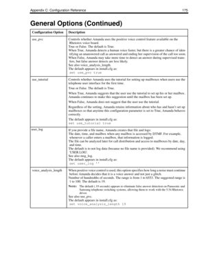 Page 183Appendix C: Configuration Reference 175
use_pvcControls whether Amanda uses the positive voice control feature available on the 
Rhetorex voice board.
True or False. The default is True.
When True, Amanda detects a human voice faster, but there is a greater chance of iden-
tifying an unanswered call as answered and ending her supervision of the call too soon.
When False, Amanda may take more time to detect an answer during supervised trans-
fers, but false answer detects are less likely.
See also...