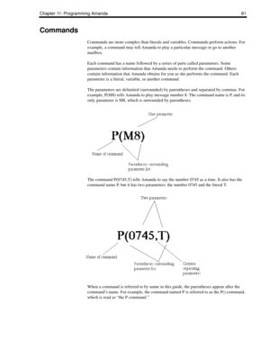 Page 89Chapter 11: Programming Amanda 81
Commands
Commands are more complex than literals and variables. Commands perform actions. For 
example, a command may tell Amanda to play a particular message or go to another 
mailbox. 
Each command has a name followed by a series of parts called parameters. Some 
parameters contain information that Amanda needs to perform the command. Others 
contain information that Amanda obtains for you as she performs the command. Each 
parameter is a literal, variable, or another...