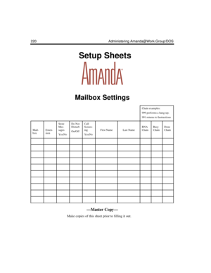 Page 230220 Administering Amanda@Work.Group/DOS
    Setup Sheets
Mailbox Settings
Chain examples:
999 performs a hang-up;
991 returns to Instructions
Mail-
boxExten-
sion
Store 
Mes-
sages
Yes/NoDo Not 
Disturb
On/OffCall 
Screen-
ing
Yes/No
First NameLast NameRNA 
ChainBusy 
ChainDone 
Chain
—Master Copy—
      Make copies of this sheet prior to filling it out. 