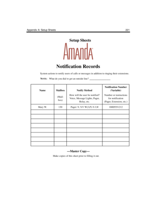 Page 231Appendix A: Setup Sheets 221
    Setup Sheets
Notification Records
System actions to notify users of calls or messages in addition to ringing their extensions.
N
OTE:What do you dial to get an outside line? ____________
NameMailbox
(Mail-
box)Notify Method
How will the user be notified?
Voice, Message Lights, Pager, 
Relay, etc.
Notification Number 
(Variable)
Number or instructions 
for notification
(Pager, Extension, etc.)
Mary W.130Pager: 9, %V W(3,P)-% U#18005551212
—Master Copy—
      Make copies of...