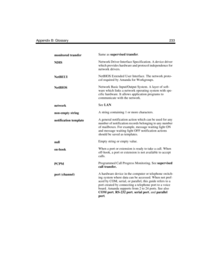 Page 243Appendix B: Glossary 233
monitored transferSame as supervised transfer.
NDISNetwork Driver Interface Specification. A device driver 
which provides hardware and protocol independence for 
network drivers.
NetBEUINetBIOS Extended User Interface. The network proto-
col required by Amanda for Workgroups.
NetBIOSNetwork Basic Input/Output System. A layer of soft-
ware which links a network operating system with spe-
cific hardware. It allows application programs to 
communicate with the network.
networkSee...