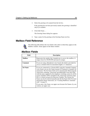 Page 99Chapter 5: Setting Up Mailboxes 89
2. Select the greeting to be named from the list box.
If the greeting has not been previously named, the greeting is identified 
only by its number.
3. Click Edit Name….
The Greeting Name dialog box appears.
4. Type a name for the greeting in the Greeting Name text box.
Mailbox Field Reference
The following table defines the User fields in the order in which they appear in the 
Mailbox window. Some appear in the Status window.
   
 
Mailbox Fields
FieldDescription...