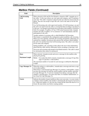 Page 57Chapter 5: Setting Up Mailboxes 49
Call Screening 
LockWhen selected or ON and Do Not Disturb is cleared or OFF, Amanda says to 
the caller, “At the tone, please say your name and company, and I’ll announce 
your call.” The caller’s response is played to the user when he answers the tele-
phone. The user can accept or reject the call. Lock is the same as for Do Not 
Disturb.
Use Call Screening only with supervised transfers. If Call Screening is on and 
the call is not supervised, the caller is screened...