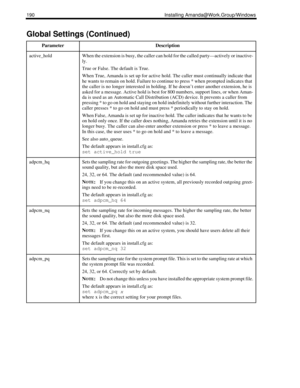 Page 200190 Installing Amanda@Work.Group/Windows
active_holdWhen the extension is busy, the caller can hold for the called party—actively or inactive-
ly.
True or False. The default is True.
When True, Amanda is set up for active hold. The caller must continually indicate that 
he wants to remain on hold. Failure to continue to press * when prompted indicates that 
the caller is no longer interested in holding. If he doesn’t enter another extension, he is 
asked for a message. Active hold is best for 800...