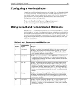 Page 63Chapter 5: Configuring Amanda 53
Configuring a New Installation
Amanda has over 200 configuration parameters and settings. They are what make Amanda 
so powerful and flexible. You will probably leave over 90% of those parameters set to 
their default settings. However, armed with the answers to the First Use Questionnaire, 
you should review the most commonly changed parameters (those in the General 
Configuration section of the Setup utility).
To set a new Amanda system’s general configuration...