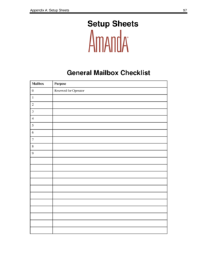 Page 105Appendix A: Setup Sheets97
    Setup Sheets
General Mailbox Checklist
MailboxPurpose
0Reserved for Operator
1
2
3
4
5
6
7
8
9 