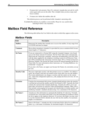 Page 5244 Administering Amanda@Work.Place
 D means don’t ask anymore. Once D is selected, Amanda does not ask for verifi-
cation again until you exit the table. This is helpful when you have many mail-
boxes to delete.
 N means don’t delete this mailbox after all.
This deletion process can be performed while Amanda is answering calls.
C
AUTION:The deletion of a mailbox is irreversible. Please be very careful when 
selecting D (Don’t Ask Anymore).
Mailbox Field Reference
The following table defines the User...