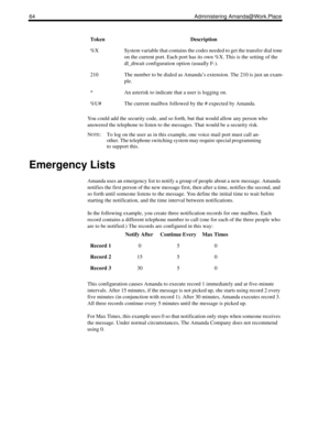 Page 7264 Administering Amanda@Work.Place
You could add the security code, and so forth, but that would allow any person who 
answered the telephone to listen to the messages. That would be a security risk.
N
OTE: To log on the user as in this example, one voice mail port must call an-
other. The telephone switching system may require special programming 
to support this.
Emergency Lists
Amanda uses an emergency list to notify a group of people about a new message. Amanda 
notifies the first person of the new...