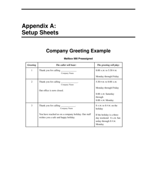 Page 101Appendix A:
Setup Sheets
Company Greeting Example
Mailbox 990 Preassigned
GreetingThe caller will hear:The greeting will play:
1Thank you for calling _____________
Company Name
8:00 A.M. to 5:30 P.M.
Monday through Friday
2Thank you for calling ______________. 
Company Name
Our office is now closed.
5:30 P.M. to 8:00 A.M.
Monday through Friday
8:00 
A.M. Saturday 
through 
8:00 
A.M. Monday
3Thank you for calling ____________.
Company Name
You have reached us on a company holiday. Our staff 
wishes you a...