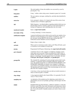 Page 114106 Administering Amanda@Work.Place
LoginsThe total number of times the mailbox was accessed by a user by 
pressing the * key.
long pauseUsing , within a token string causes Amanda to pause for 2 seconds.
mailboxThe user options, messages, mailing lists, and other data identified by 
a mailbox.
menu barLists a program’s choices. It is found at the top of the screen of any 
Amanda screen or Windows application.
MFMulti-frequency. An inband address signaling method which uses ten 
decimal digits and five...