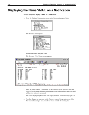 Page 112104 Telephone Switching Systems for Amanda@SOHO
Displaying the Name VMAIL on a Notification
To have telephones display VMAIL on a notification:
1. From the Database Programming menu, select Resource then press Enter. 
The Resource menu appears. 
2. Select User Names then press Enter.
The Resource - User Names screen appears.
3. Enter the name VMAIL 1 as the name for the extension of the first voice mail port, 
VMAIL 2 as the name of the extension for the second voice mail port and so on until 
all the...