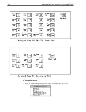 Page 114106 Telephone Switching Systems for Amanda@SOHO
To program the buttons:
1. From the Database Programming menu, select Feature Key then press Enter. 