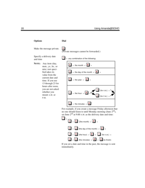 Page 2620 Using Amanda@SOHO
OptionsDial
Make the message private.
(Private messages cannot be forwarded.)
Specify a delivery date 
and time
N
OTE:Any item (day, 
mon., yr., hr., or 
min.) not speci-
fied takes its 
value from the 
current date and 
time. If you use 
13 through 23 for 
hours after noon, 
you are not asked 
whether you 
meant 
A.M. or 
P.M.
  +  any combination of the following:
  +  the month  +     +
  +  the day of the month  +     +
  +  the year  +      +  
  (for A.M.)  + 
  +  the hour  +...