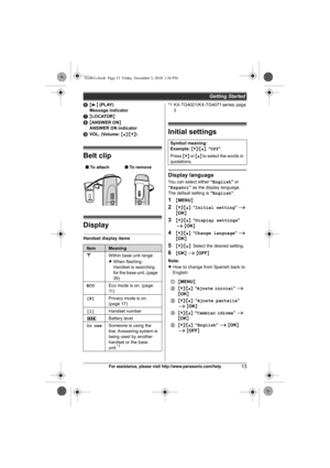 Page 13Getting Started
13For assistance, please visit http://www.panasonic.com/help
F{6} (PLAY) 
Message indicator
G{LOCATOR}
H{ANSWER ON} 
ANSWER ON indicator
IVOL. (Volume: {^}/{V})
Belt clip
Display
Handset display items*1 KX-TG4021/KX-TG4071 series: page 
3
Initial settings
Display language
You can select either “English” or 
“Español” as the display language. 
The default setting is “English”.
1{MENU}
2{V}/{^}: “Initial setting” i 
{OK}
3{V}/{^}: “Display settings” 
i {OK}
4{V}/{^}: “Change language” i...