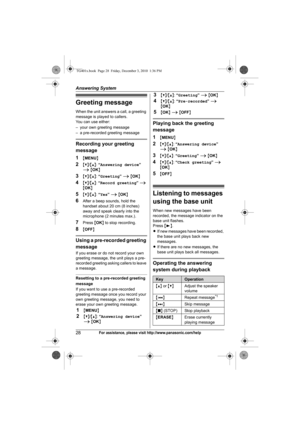 Page 28Answering System
28For assistance, please visit http://www.panasonic.com/help
Greeting message
When the unit answers a call, a greeting 
message is played to callers.
You can use either:
– your own greeting message
– a pre-recorded greeting message
Recording your greeting 
message
1
{MENU}
2{V}/{^}: “Answering device” 
i {OK}
3{V}/{^}: “Greeting” i {OK}
4{V}/{^}: “Record greeting” i 
{OK}
5{V}/{^}: “Yes” i {OK}
6After a beep sounds, hold the 
handset about 20 cm (8 inches) 
away and speak clearly into...