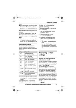 Page 31Answering System
31For assistance, please visit http://www.panasonic.com/help
Note:
LIf you do not press any dial keys within 
10 seconds after a voice guidance 
prompt, the unit disconnects your call.
When the Spanish voice guidance is 
selected
To start the voice guidance, press {9}. 
The voice guidance announces the 
available remote commands (page 31).
Note:
LIf you do not press any dial keys within 
10 seconds after a voice guidance 
prompt, the unit disconnects your call.
Remote commands
You can...