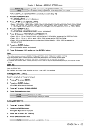 Page 103Chapter 4 Settings — [DISPLAY OPTION] menu
ENGLISH - 103
[SCREEN FIT]Changes EDID data according to the [SCREEN FORMAT] setting.
[USER] Sets the [RESOLUTION] and [VERTICAL SCAN FREQUENCY] items to EDID.
 fWhen [DEF AULT] or [SCREEN FIT] is selected, proceed to Step  10).
6)
 
Press the  button.
 f The 

[RESOLUTION] screen is displayed.
7)
 
Press 
 asqw  to select [RESOLUTION].
 fSelect [1024x768p], [1280x720p], [1280x768p], [1280x800p], [1280x1024p], [1366x768p], [1400x1050p], 
[1440x900p],...