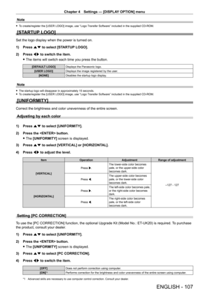 Page 107Chapter 4 Settings — [DISPLAY OPTION] menu
ENGLISH - 107
Note
 fTo create/register the [USER LOGO] image, use “Logo Transfer Software” included in the supplied CD-ROM.
[STARTUP LOGO]
Set the logo display when the power is turned on.
1)
 
Press 
 as to select [STARTUP LOGO].
2)
 
Press 
 qw to switch the item.
 fThe items will switch each time you press the button.
[DEFAULT LOGO] Displays the Panasonic logo.
[USER LOGO] Displays the image registered by the user.
[NONE] Disables the startup logo display....