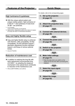 Page 16 
16 - ENGLISH
Features of the Projector
High luminance & quietness
 /£With the unique optical system and 
unique cooling system, high luminance of 
8
  200   lm
*1*2 and quietness of noise level 
30
 
dB
*2  are achieved.
*1 For PT- DX820
7   000   lm for PT- DZ780 and PT- DW750
*2
 
Measurement, measuring conditions and method of notation 
all comply with ISO21

118 international standards.
Easy and highly flexible setup
 /£Easy and highly flexible setup is achieved 
with DIGIT
AL LINK compatibility,...