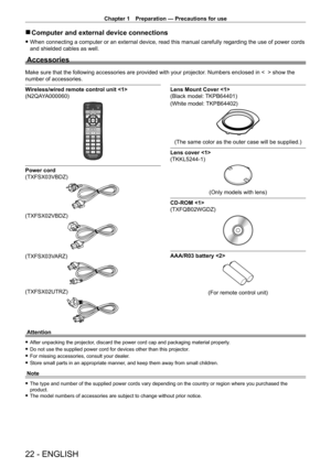 Page 22Chapter 1 Preparation — Precautions for use
22 - ENGLISH
 rComputer and external device connections
 fWhen connecting a computer or an external device, read this manual carefully regarding the use of power cords 
and shielded cables as well.
Accessories
Make sure that the following accessories are provided with your projector . Numbers enclosed in <    > show the 
number of accessories.
Wireless/wired remote control unit 
(N2QAYA000060)
Power cord 
(TXFSX03VBDZ)
(TXFSX02VBDZ)
(TXFSX03VARZ)
(TXFSX02UTRZ)...